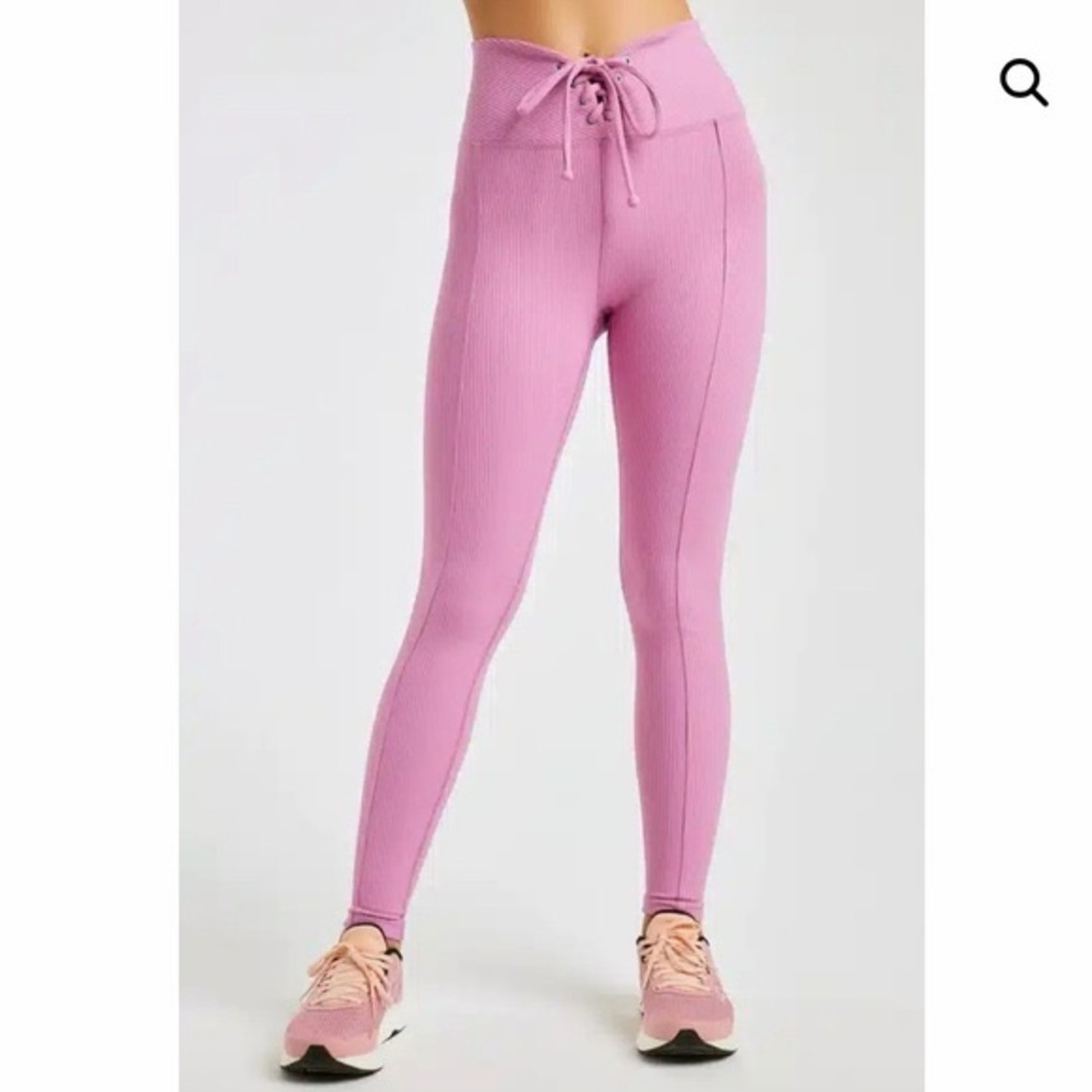 Revolve Year of Ours Pink Ribbed High-Waist Lace-Up Leggings EUC S Barbiecore